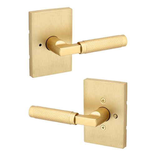 Kwikset Prava Interior Privacy Door Knurled Handle with Lock, Door Lever for Bathroom and Bedroom, Satin Brass, Reversible Keyless Push Button Lock Door Lever - image 1