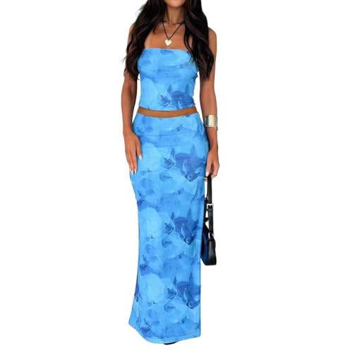 2 Piece Skirt Sets for Women Summer, Floral Sleeveless Tube Top Bodycon Maxi Skirts Y2k Vacation Going Out Outfits