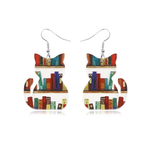 DAYANEY Cat Book Earrings as Book Lovers Gifts for Readers, Acrylic Dangle Earrings as Bookish Gift for Cat Lovers, Teacher Earrings as Librarian Teacher Thanksgiving Appreciation Christmas Gifts