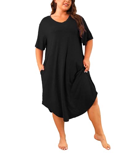 Womens Plus Size Nightgowns Sleepwear Short Sleeve Sleep Dress Knee Length Night Gowns Pockets3