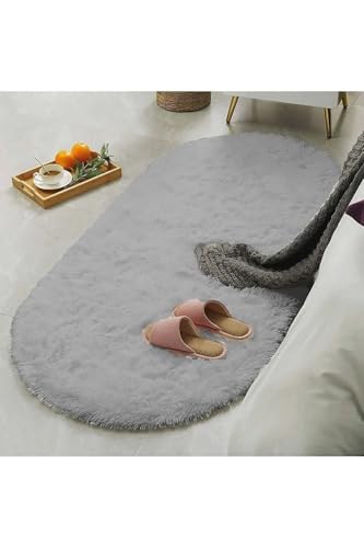 Oval Kesme Yolluk Kaymaz Taban Kalın Yumuşak Peluş Halı Özel Taban Açık Gri, 100 x 260