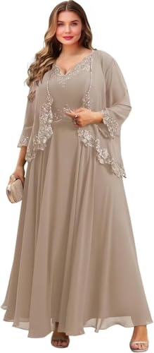 2 Piece Chiffon Mother of The Bride Dresses for Women 3/4 Sleeve Formal Wedding Guest Dress with Jacket Plus Size