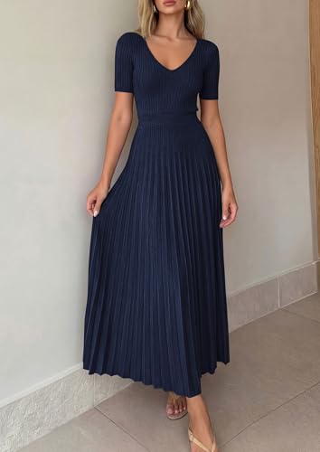 Image of PRETTYGARDEN Women's 2026 Spring Midi Sweater Dresses Elegant Pleated Ribbed Knit Short Sleeve V Neck A Line Summer Outfits