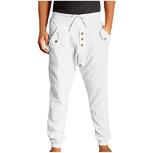 White Linen Pants Drawstring Elastic Waist Skinny-Fit Solid Loose Trousers Fashion Casual Double Pockets Pants - Main Image