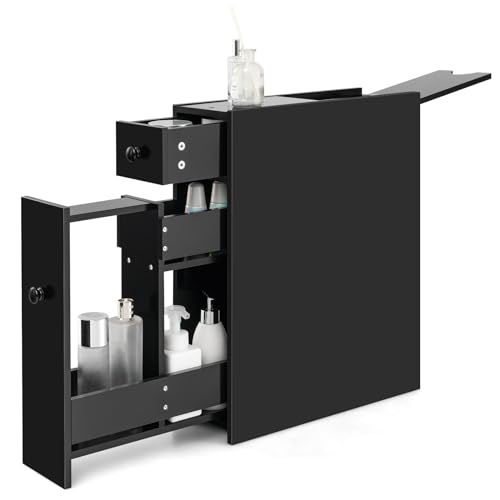 Tangkula Slim Bathroom Cabinet, Free Standing Storage Cabinet with Slide Out Drawers, Narrow Floor Bathroom Organizer Next to Toilet, Bathroom Toilet Paper Holder, 19 x 6.5 x 23 Inch (Black)