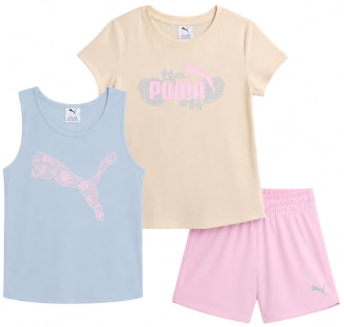 Image of PUMA Girls Active Shorts Set - 3 Piece Performance T-Shirt, Tank Top, Gym Shorts - Summer Athletic Outfit for Girls (7-14)