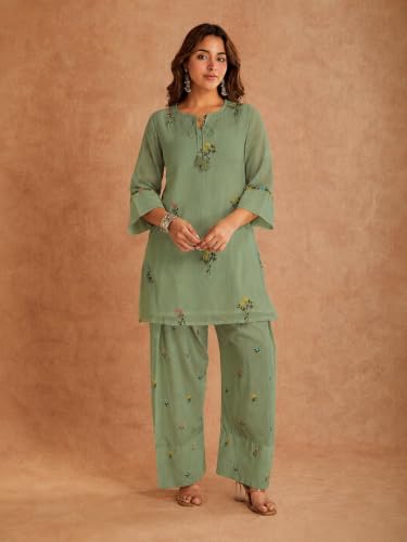 Image of ANNI Designer Farshi Salwar Suit for Women Viscose Embroidered | Co Ord Set for Woman | Straight Kurta Palazzo Outfit Round Neck V Slit 3 /4 Sleeve Ethnic Dress Womens Clothing