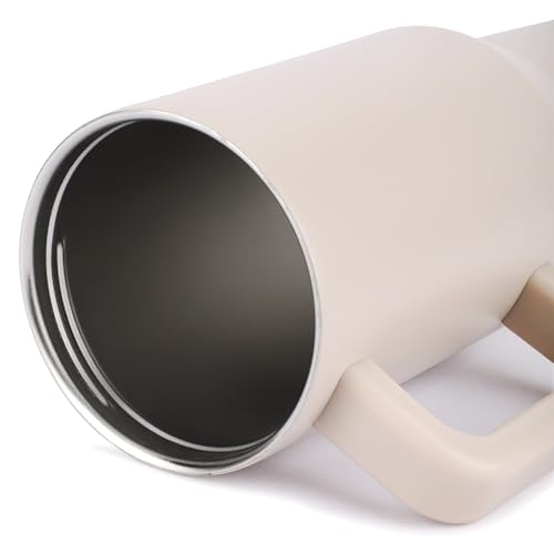 Image of House of Quirk 1200ML Tumbler with Handle & Simple Flip Straw - Car Cup Holder Friendly, Leak Resistant Stainless Steel Water Bottle with Rubber Base (Oat)