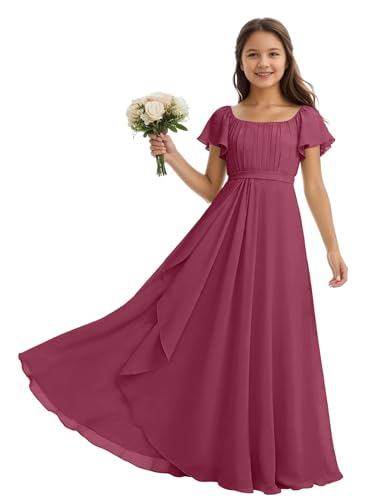 KiddleFlick Modest Mulberry Junior Bridesmaid Dresses Chiffon Flower Girl Dress Ruched Bodice Ruffled Skirt Wedding Party Formal Gowns for Girls Size 10