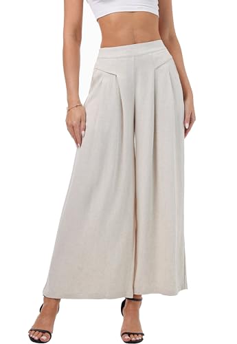 heipeiwa Women' s Culottes Linen Pants Summer Casual Flowy Beach Cotton Linen Wide Leg Palazzo Pants