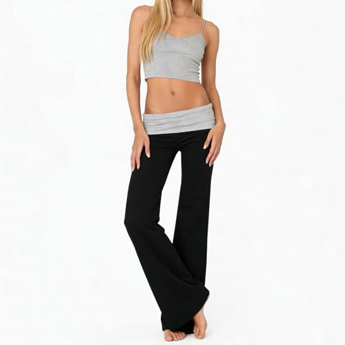 Image of Lounge Yoga Pants for Women Fold Over Low Waist Wide Leg Bell Bottoms | Y2K Foldover Pants, Flare Leggings, Low Rise Yoga Sweatpants