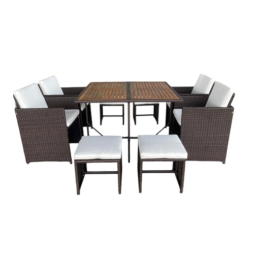 CONCEPT USINE | Salon de Jardin Encastrable Toledo 8 Places Résine Tressée Marron | Table Repas Extérieure avec 4 Fauteuils et 4 Poufs | Plateau Acacia | Coussins Beige Déhoussables | Housse Incluse
