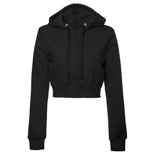 Generisch 2025 Color liso Casual Basic Manga Larga Cremallera Crop Sudadera con Capucha Chaqueta Top Mujer Brillo, Negro , S