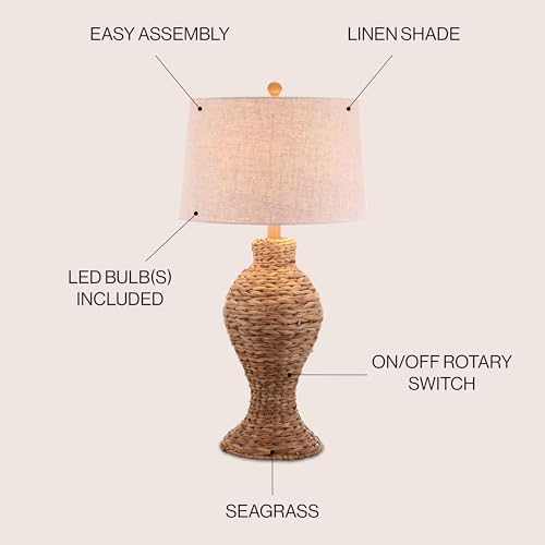 JONATHAN Y JYL1015A 31" Tall Coastal Table Lamp, Natural Woven Water Hyacinth Boho Accent Lamp with Gray Linen Shade for Living Room, Bedroom, Farmhouse Bedside End Table, LED Bulb Included