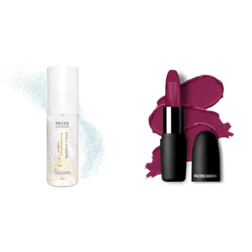 Image of FACESCANADA Ultime Pro Shimmer Makeup Fixer, 50ml & Weightless Matte Lipstick - Hot Plum 24 (Plum), 4.5G