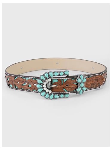 GORGLITTER Women's Turquoise Belt Leather Western Belts Embossed Waist Country Belts for Jeans Pants2