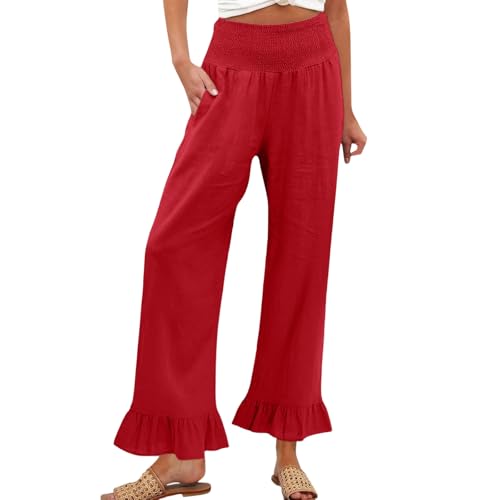 Image of Palazzo Pants for Women Linen Smocked Elastic Waist Ruffle Wide Leg Pants Summer Beach Flowy Boho Pant with Pockets