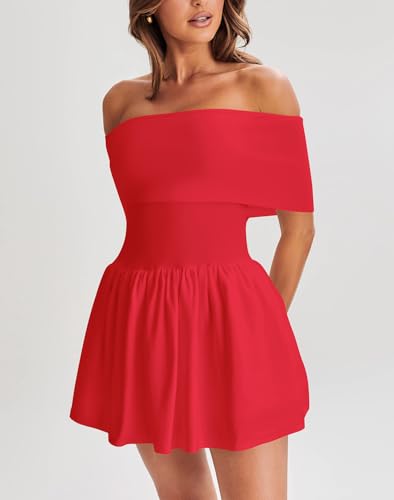 Image of Atizon Women's Summer Off The Shoulder Mini Dress Casual Short Sleeve Trendy Cocktail Party A Line Dresses
