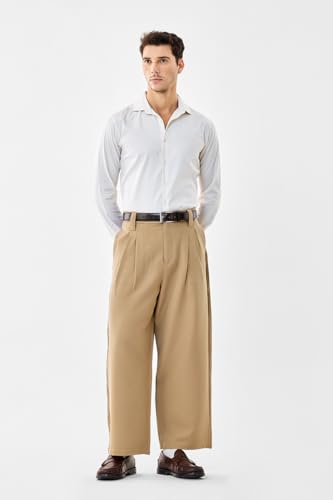 Image of SNITCH Men Casual Trousers | Baggy Fit Wide-Leg Design with Pleated Front & Button Closure | Durable Polyester Blend & Medium-Stretch Fabric for Summer Wear