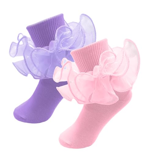 2 Pairs Girls Ruffle Socks Toddler Girl Frilly Dress Socks Fold Double Lace Big Ruffles Church Fancy Sock Little Kids