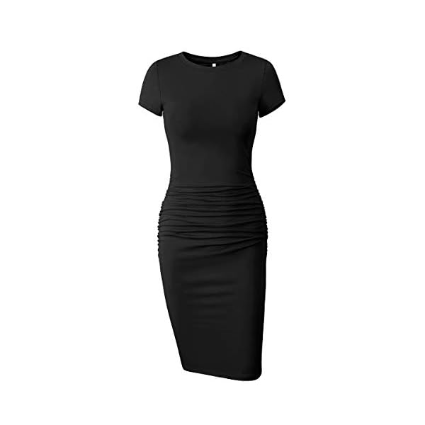 Missufe-Womens-Short-Sleeve-Ruched-Casual-Sundress-Midi-Bodycon-T-Shirt-Dress Missufe Women's Ruched Bodycon Sundress Knee Length Sheath Casual T Shirt Dress (Black, Large)