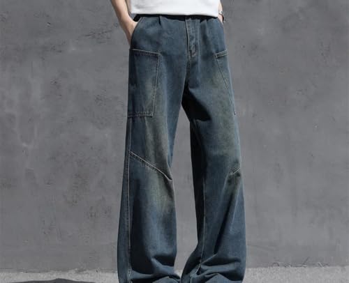 Men Casual Jeans Vintage Multi Pocket Wide Leg Loose Fit Denim Pants Streetwear Trousers3
