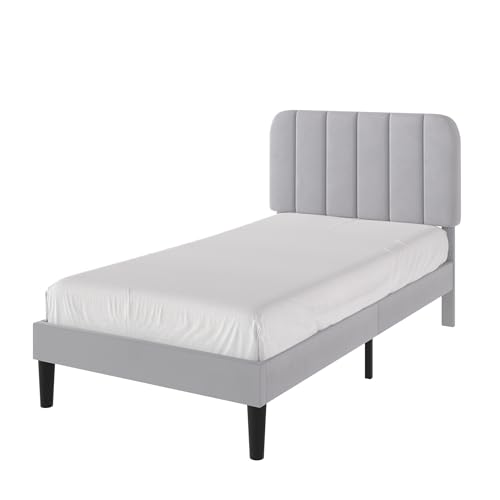Image of VECELO Twin Size Bed Frame with Upholstered Headboard, Velvet Platform Bedframe Mattress Foundation, Strong Wood Slat Support, No Box Spring Needed,Light Grey