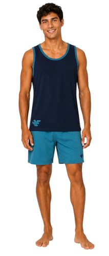 Essendo Pijama de hombre de algodón corto ligero de verano – Camiseta de tirantes y pantalones cortos – Pijama de dos piezas de 100% algodón fresco –, 1117 Azul, XXL
