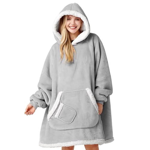 Image of Giggling Getup Wearable Blanket Hoodie for Women Men Gifts for Women Mom Wife Sherpa Fleece Hooded Blanket Sweatshirt Cozy Sherpa Wearable Throw with Pocket and Sleeves for Adult Small Gray