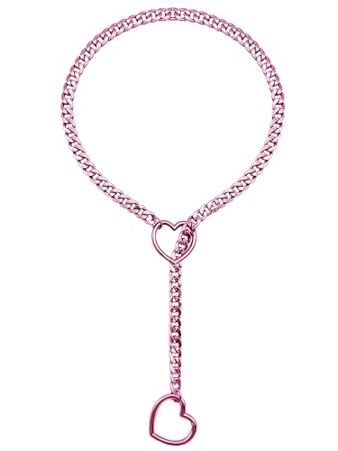 EverGlimp Womens Heart O-Ring Slip Chain Necklace Punk Rock Stainless Steel Cuban Long Necklace Jewelry For Women Adjustable Lariat Y-Necklace (32 Heart-Chain Pink)