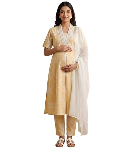 Image of DUMMY SHAPE Maternity Dresses for Women Cotton | Floral Kurta Pant Dupatta Set with Nursing Zippers, Side Pocket | Pre & Post Pregnancy | Feeding Kurti Suit | Baby Shower | Gifts for Pregnant Woman
