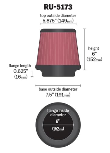 Image of K&N High-Flow Original Lifetime Universal Clamp-On Air Filter: High Performance, Premium, Washable: Flange Diameter: 6 In, Filter Height: 6 In, Flange Length: 0.625 In, Shape: Round Tapered, RU-5173