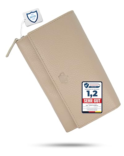 Baur XXL Damen Geldbörse – Echtes Leder mit RFID-Schutz – Extra großes Portemonnaie mit 18 Kartenfächern – Druckknopfverschluss & Münzfach mit Reißverschluss (Taupe)
