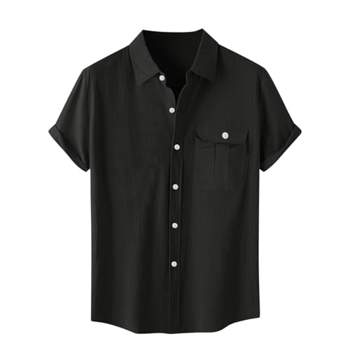 Cotton Linen T-Shirt for Men Button Pocket Shirt Short Sleeve Lapel Shirts Summer Beach T-Shirts Vacation Tops