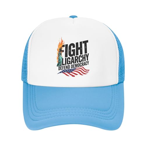 Bernie Sanders Fight Oligarchy Trucker Hat FDT Defend Democracy Kids Hats Adjustable Mesh Baseball Cap - Sky Blue