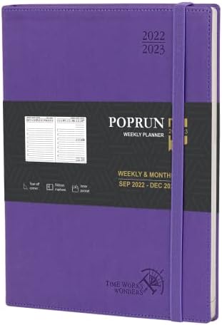 POPRUN 2023 Diary Vertical Week to View 26.5 x 21.5 cm , Weekly Planner 2023 with appointment (Sep'22 to Dec'23), Vegan Leather Soft Cover, FSC® -certified Paper, Blue Green