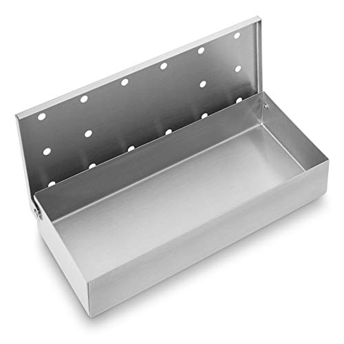 Pure Grill BBQ Smoker Box - Heavy Duty Stainless Steel with Hinged Lid for Wood Chips - Barbecue Meat Smoking for Charcoal and Gas Grills
