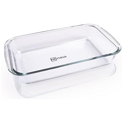 HEYNNA® Auflaufform Glas 1,6 Liter/Auflaufform aus hitzebeständigem Borosilikatglas/Ofenform als Lasagne Auflaufform, Backform, Tiramisu Form und kleiner Bräter, mikrowellenfest & spülmaschinenfest Cover