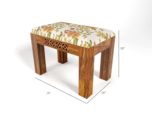 Image of Solid Sheesham Wood Cushioned Living Room Benches, Wooden, Upholstered Wooden Seating Bench for Home & Office l