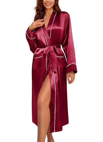 Image of Ekouaer Satin Robes for Women Long Sleeve Silk Bathrobe Soft Lightweight Full Length Sleepwear Bridesmaid Wedding Party Robes