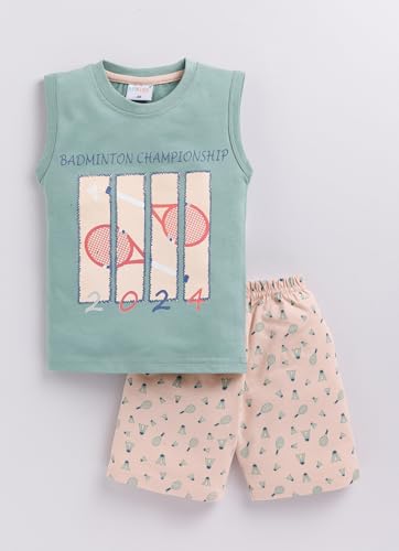 Image of Pure Cotton Sleeveless T-Shirt and Half Pant Set for Boys Kids| Kids boys tshirt and half pant set| Coordinated Set for Unisex kids| Roundneck Tees| Lightweight and Breathable
