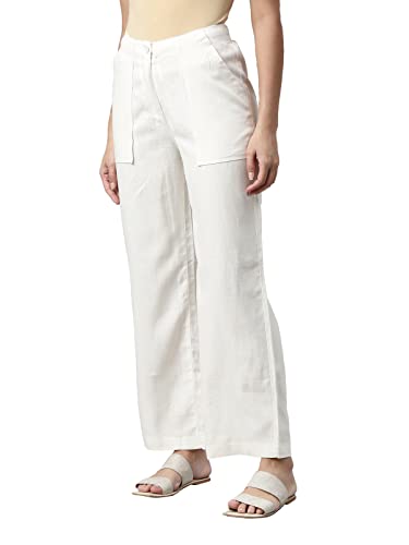 Image of GO COLORS Solid Linen Cargo Pants for Women | Full Length, Mid Rise, Side Pockets