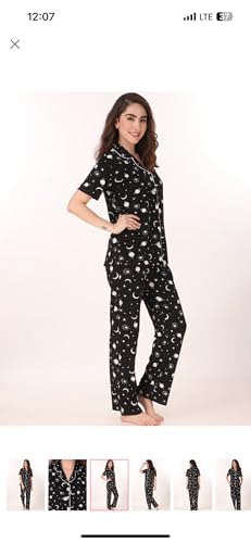 Image of YAZIA Women's Cotton Heart /Box /Zigzag Printed Night Suit Set of Shirt and Pyjama H P BLK