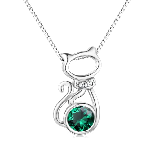 Collier pendentif chat en argent pour fille avec pierre de naissance