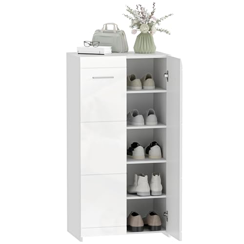 HOMCOM Schuhschrank, Schuhaufbewahrung mit 2 Türen, 5 Ebenen, Flurschrank mit Verstellbaren Ablagen Schuhkommode für 10 Paar Flur, Eingangsbereich 55 x 36 x 108cm, Hochglanz Weiß HOMCOM Schuhschrank, Schuhaufbewahrung mit 2 Türen, 5 Ebenen, Flurschrank mit Verstellbaren Ablagen Schuhkommode für 10 Paar Flur, Eingangsbereich 55 x 36 x 108cm, Hochglanz Weiß