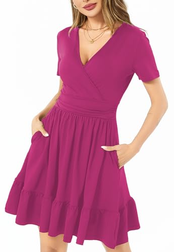 Image of Women's Fashion Summer Causal Short Sleeve Dress V Neck Beach Party Dresses with Pockets