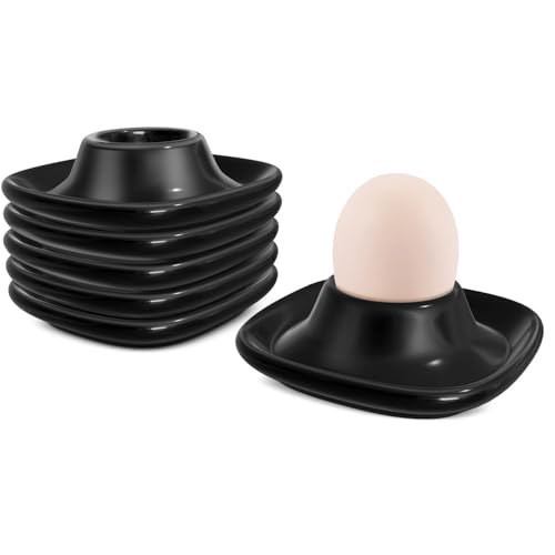 Flexzion Eierbecher für weich gekochte Eier - 6er Set Keramik Eierhalter - Stapelbare Eierkoddler Becher mit Boden zum Servieren, Frühstück, Brunch - Küchentisch Dekor, Schwarz
