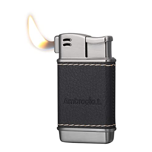 Ambrogio.L Pipe Lighter - Genuine Leather Soft Flame Refillable Butane Lighters for Men Black Brushed