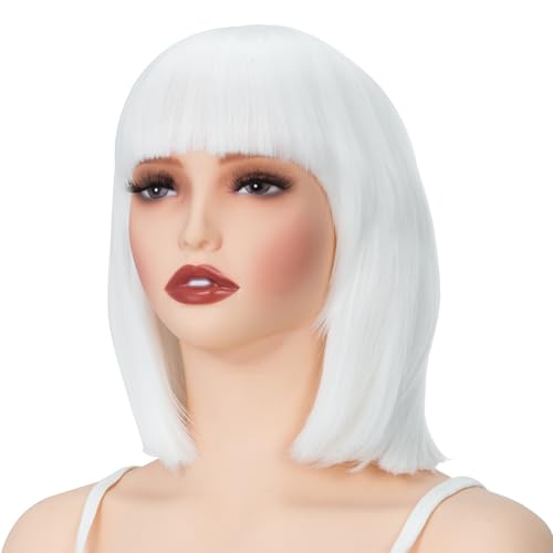 Image of Rose bud White Wig Bob Straight 12 Inch Short Hair Cosplay Wigs for Women Costume Party Halloween