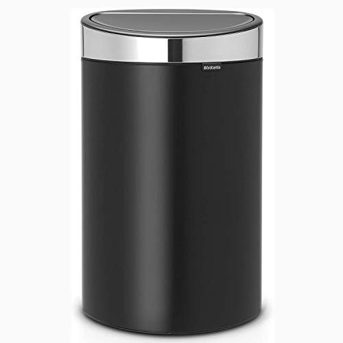 Image of Brabantia Press-Top Kitchen Trash Can with Flat Back | Steel /Black | 10.6 Gallon / 40L | Home Trash Can with Soft-Touch Stay-Open Lid & Removable Inner Bucket | Fits Flat Against Walls | + Trash Bags